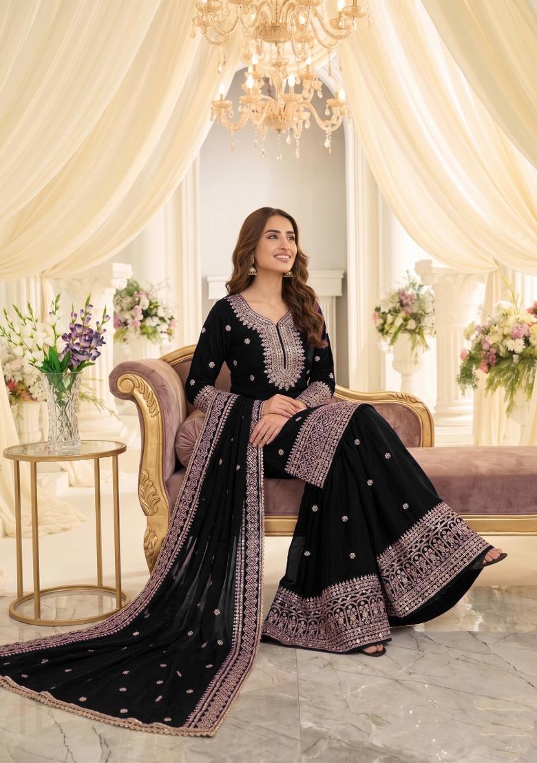 Black Embroidered Chinon Kurta Set - Indya