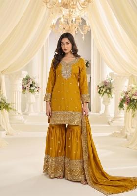 Yellow Embroidered Chinon Kurta Set
