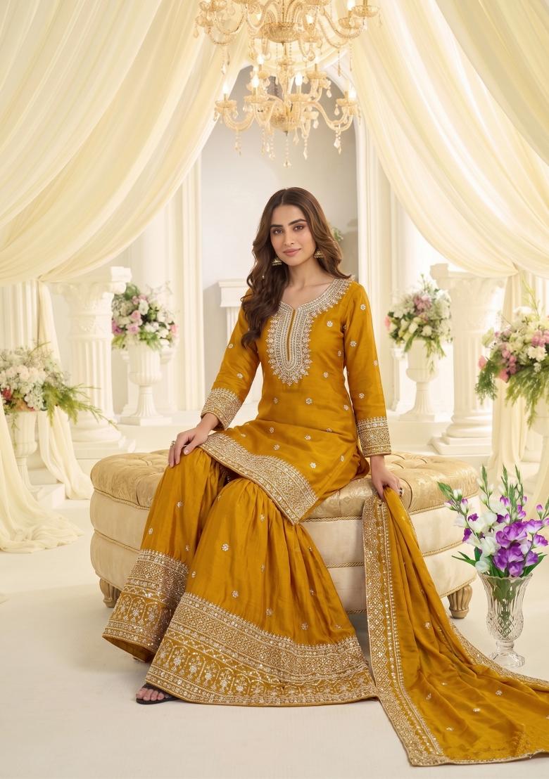 Yellow Embroidered Chinon Kurta Set - Indya