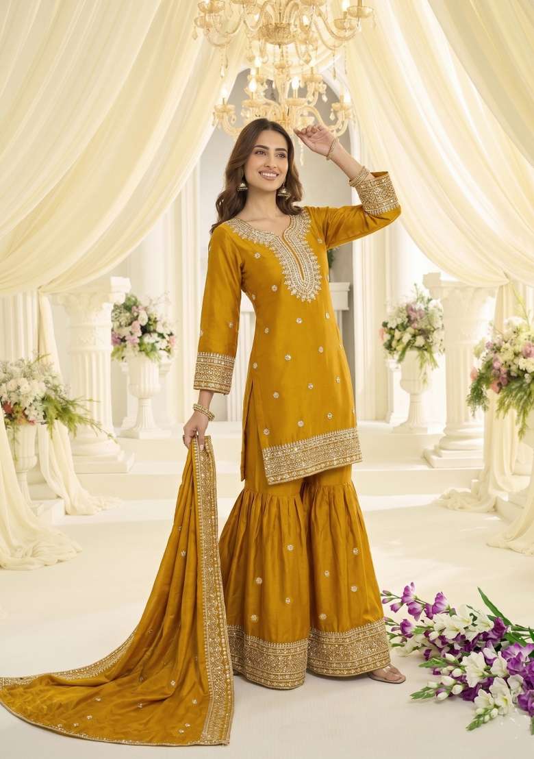 Yellow Embroidered Chinon Kurta Set - Indya