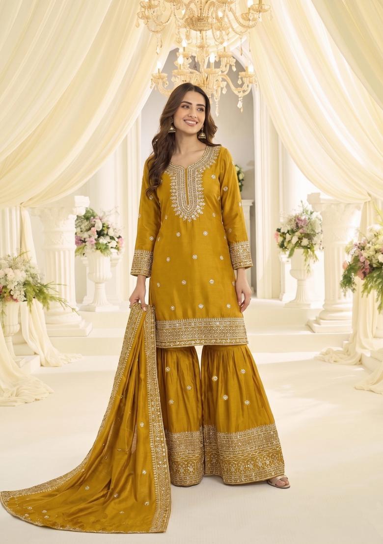 Yellow Embroidered Chinon Kurta Set - Indya