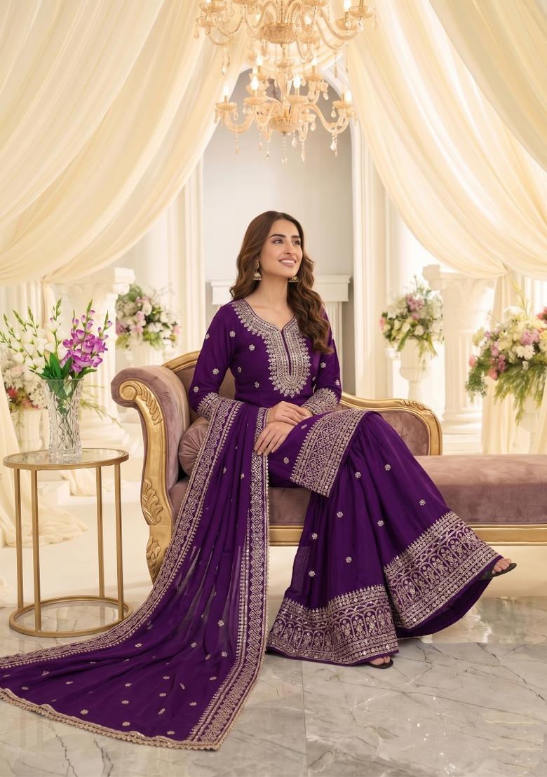 Purple Embroidered Chinon Kurta Set - Indya