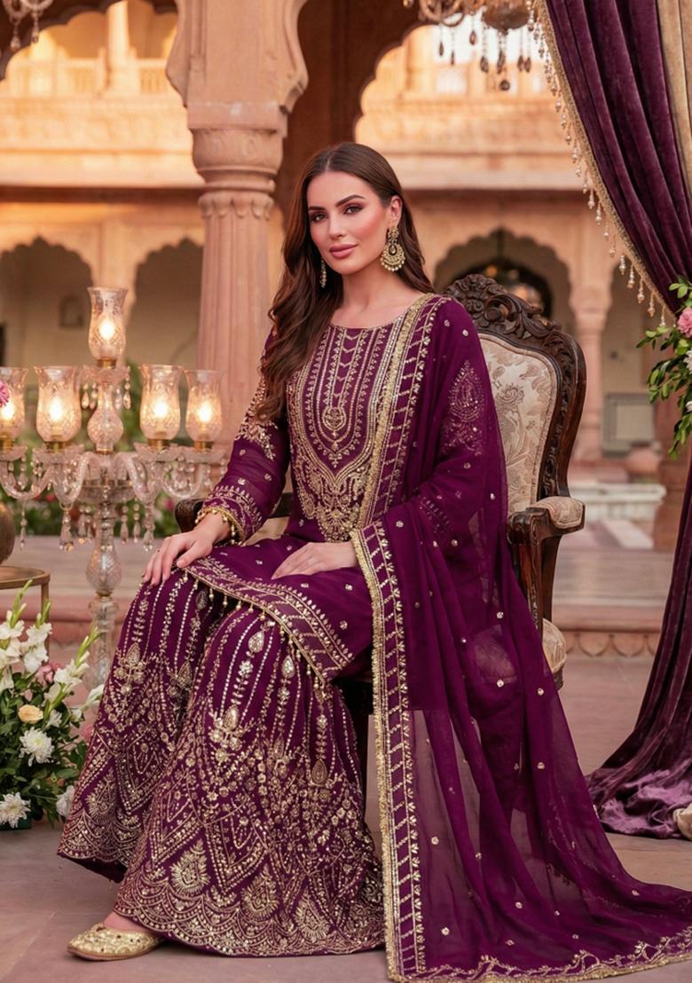Purple Embroidered Chinon Kurta Set - Indya