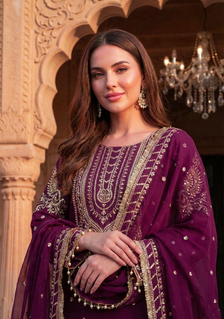 Purple Embroidered Chinon Kurta Set - Indya
