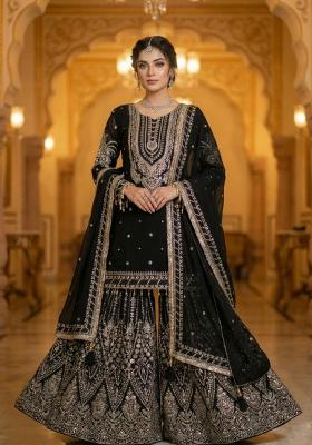 Black Embroidered Chinon Kurta Set