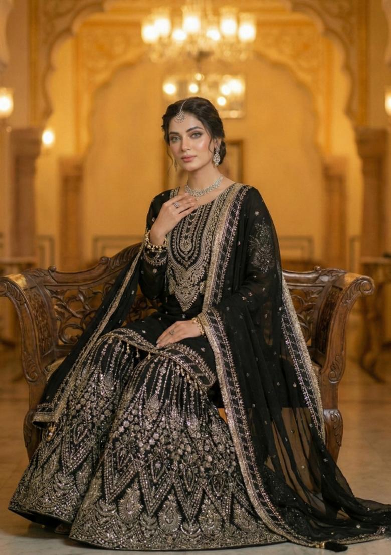 Black Embroidered Chinon Kurta Set - Indya