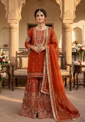 Orange Embroidered Chinon Kurta Set