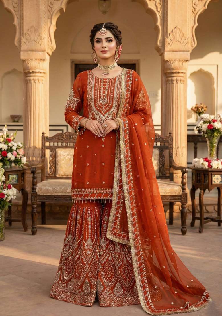 Orange Embroidered Chinon Kurta Set - Indya