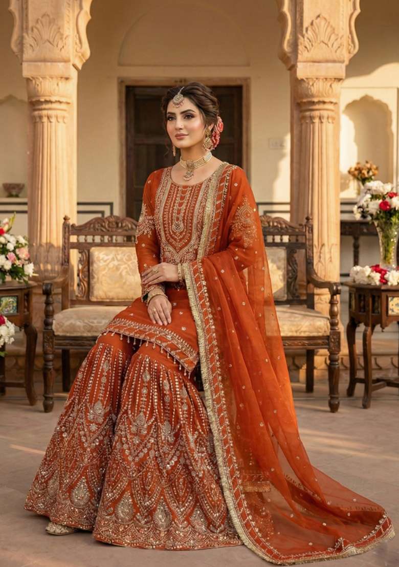 Orange Embroidered Chinon Kurta Set - Indya