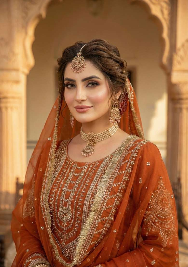 Orange Embroidered Chinon Kurta Set - Indya