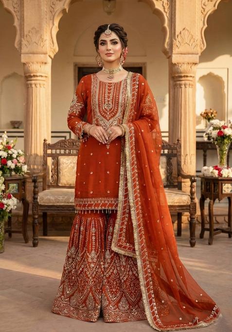 Orange Embroidered Chinon Kurta Set