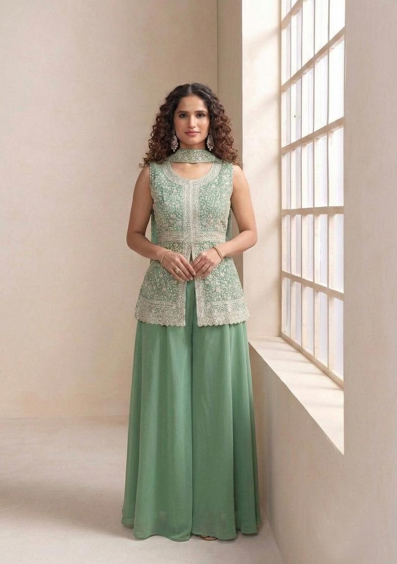 Pista Embroidered Chinon Kurta Set - Indya