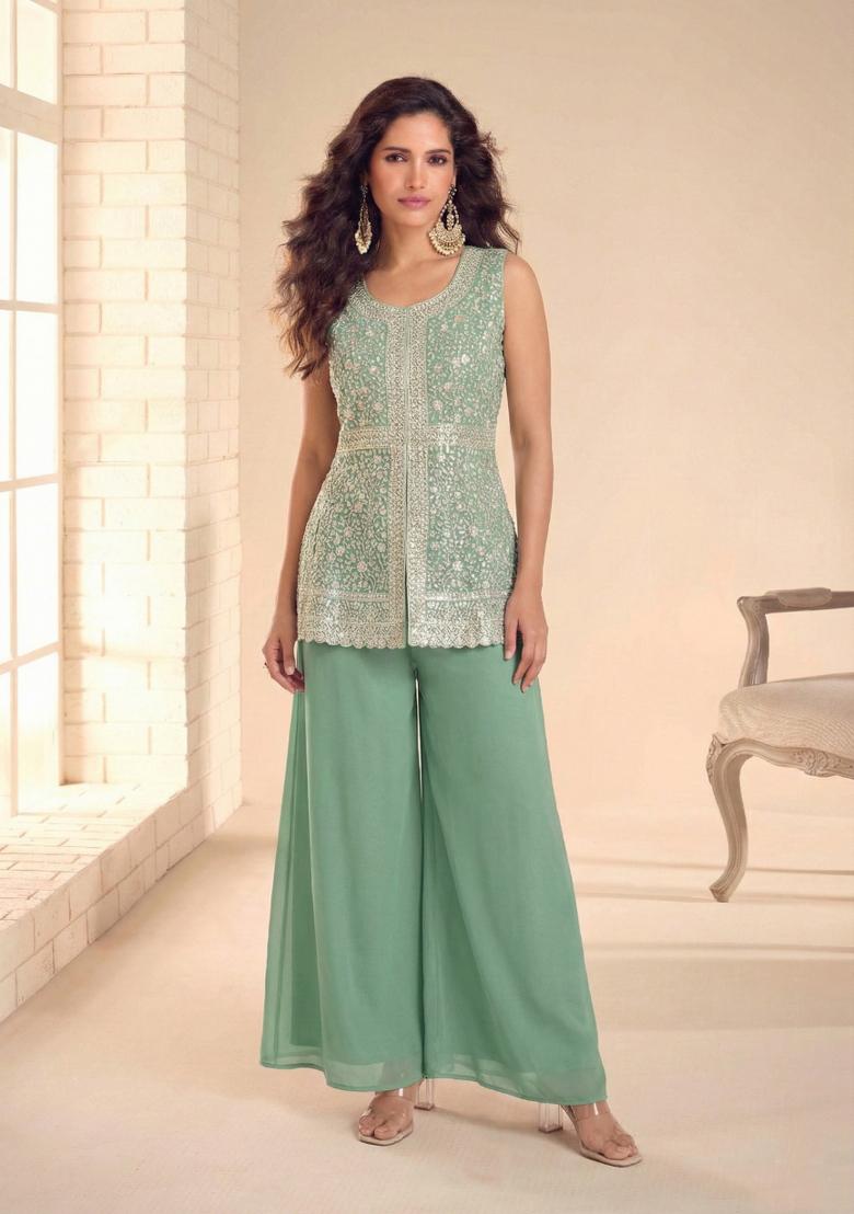 Pista Embroidered Chinon Kurta Set - Indya