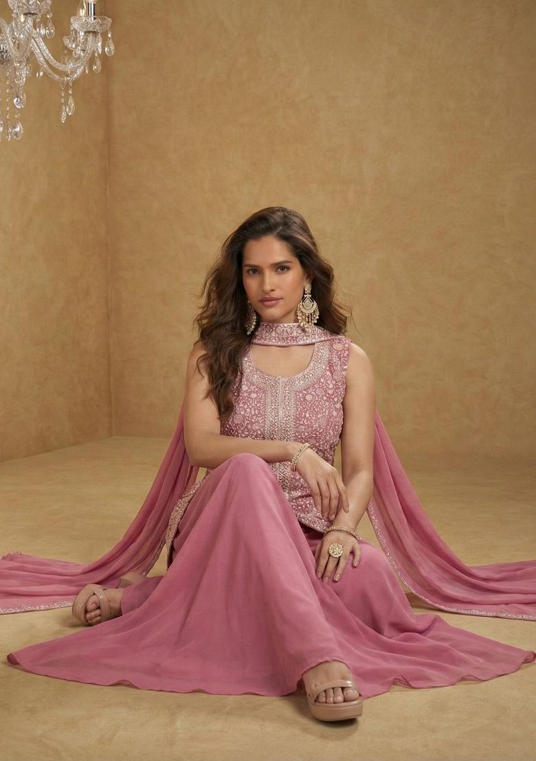Pink Embroidered Chinon Kurta Set - Indya