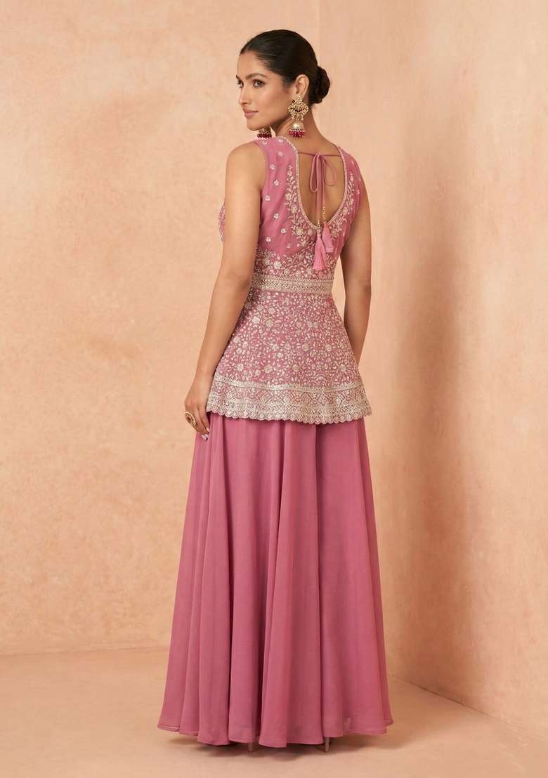 Pink Embroidered Chinon Kurta Set - Indya