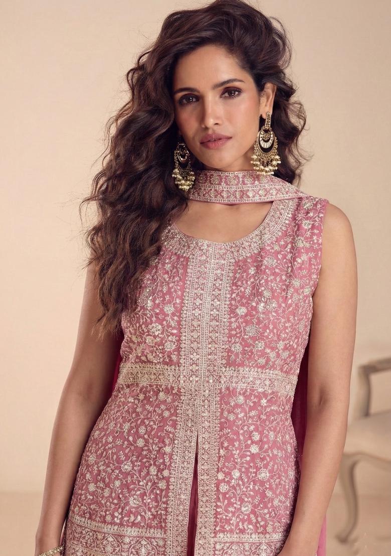 Pink Embroidered Chinon Kurta Set - Indya