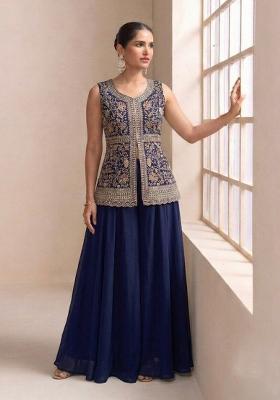 Blue Embroidered Chinon Kurta Set