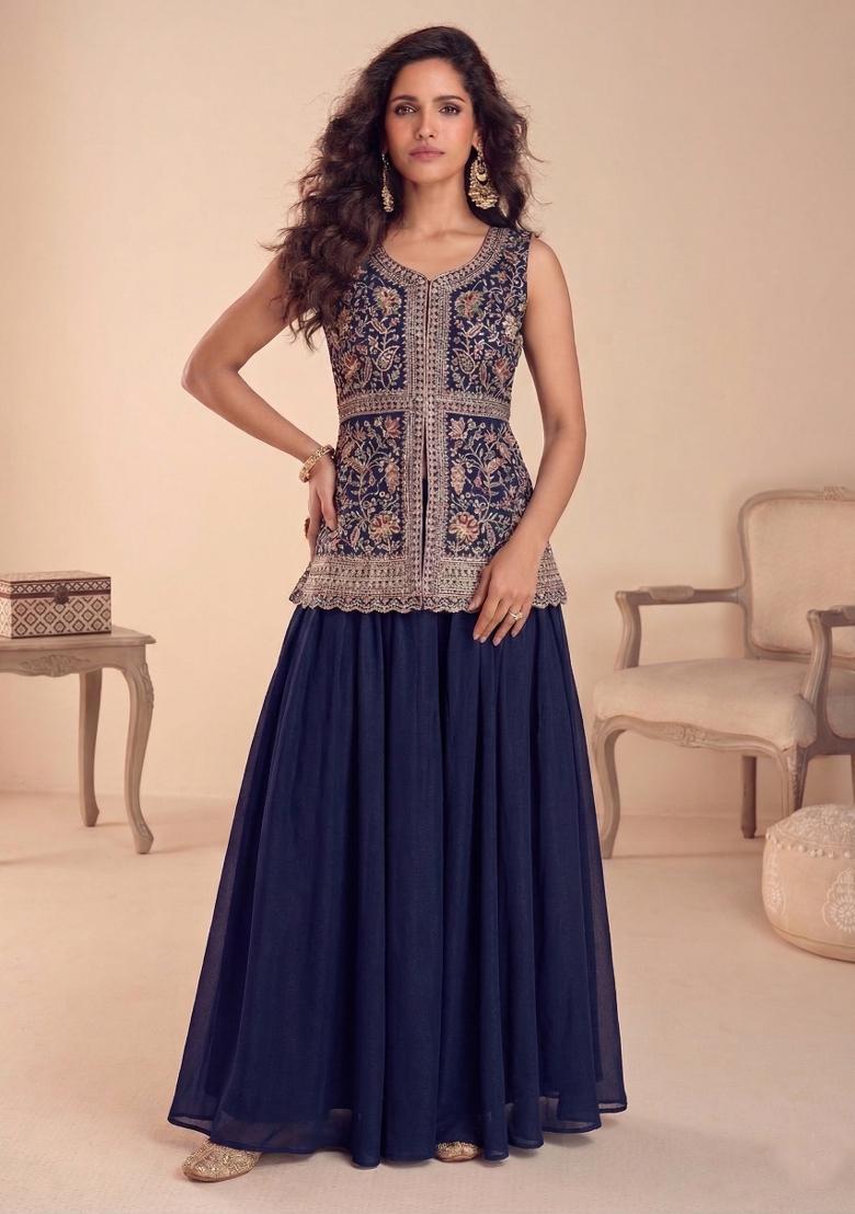 Blue Embroidered Chinon Kurta Set - Indya