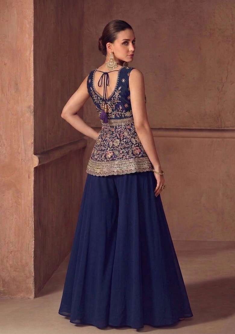 Blue Embroidered Chinon Kurta Set - Indya
