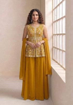 Yellow Embroidered Chinon Kurta Set