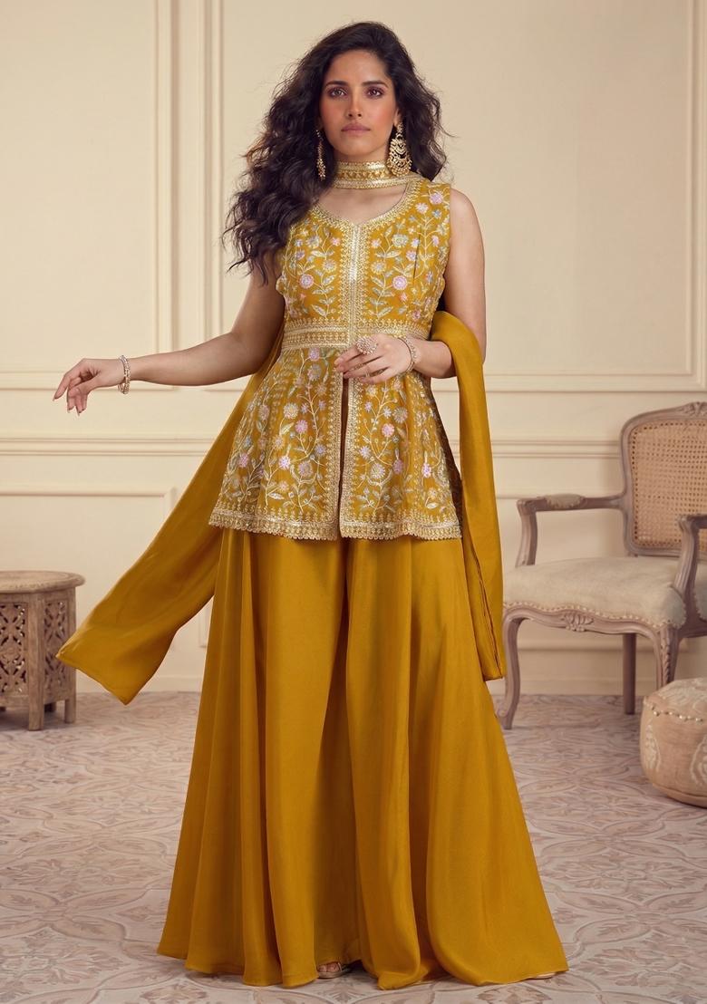 Yellow Embroidered Chinon Kurta Set - Indya
