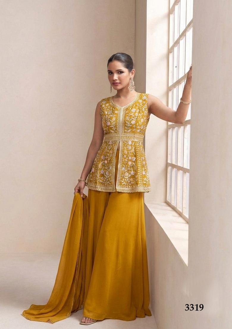 Yellow Embroidered Chinon Kurta Set - Indya