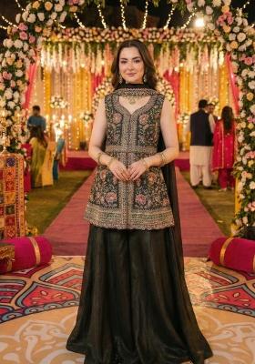 Dark Green Embroidered Chinon Kurta Set