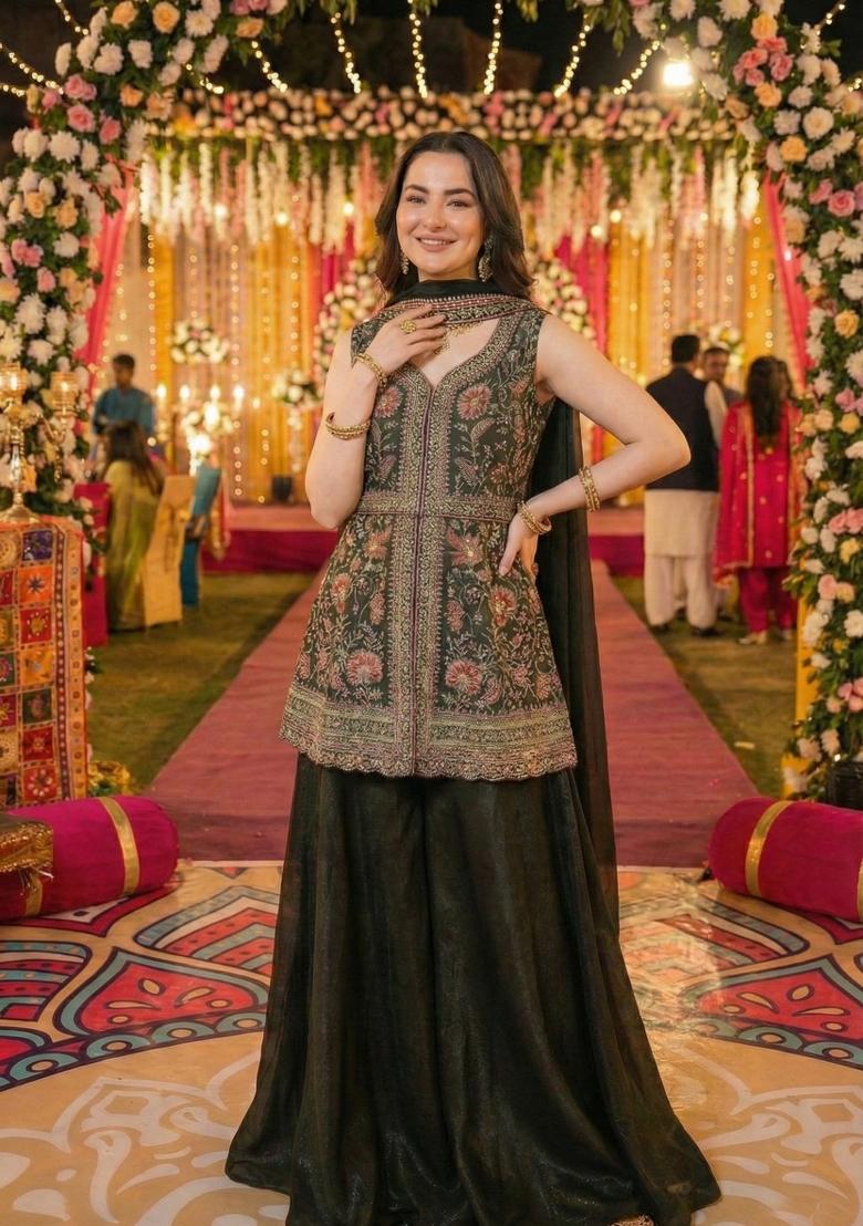Dark Green Embroidered Chinon Kurta Set - Indya