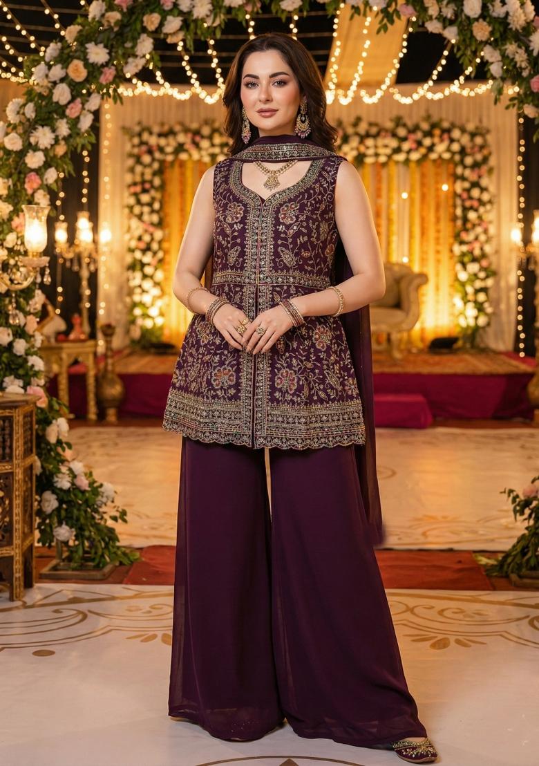 Magenta Embroidered Chinon Kurta Set - Indya