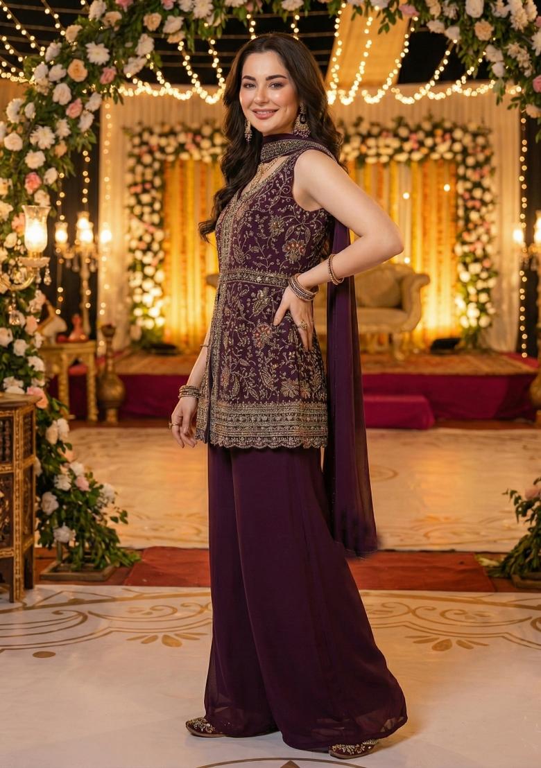 Magenta Embroidered Chinon Kurta Set - Indya