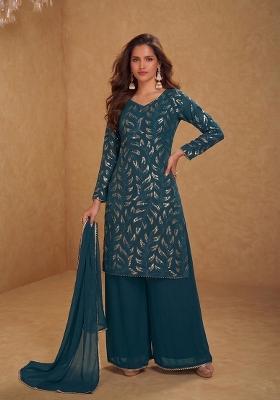 Dark Green Embroidered Georgette Kurta Set