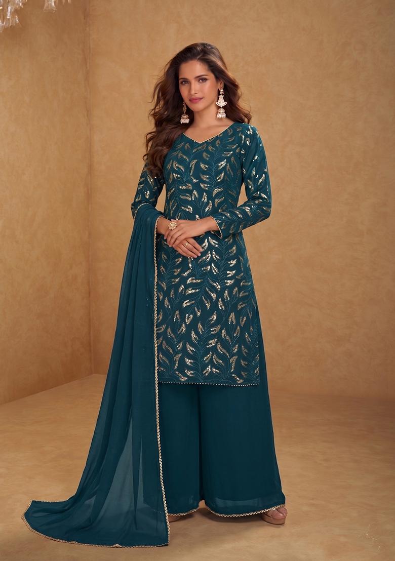 Dark Green Embroidered Georgette Kurta Set - Indya