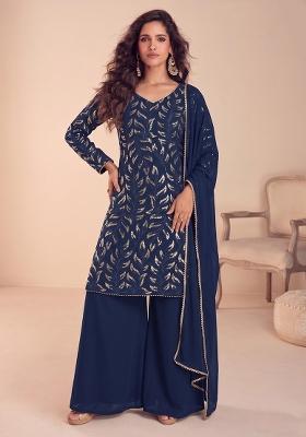 Navy Blue Embroidered Georgette Kurta Set