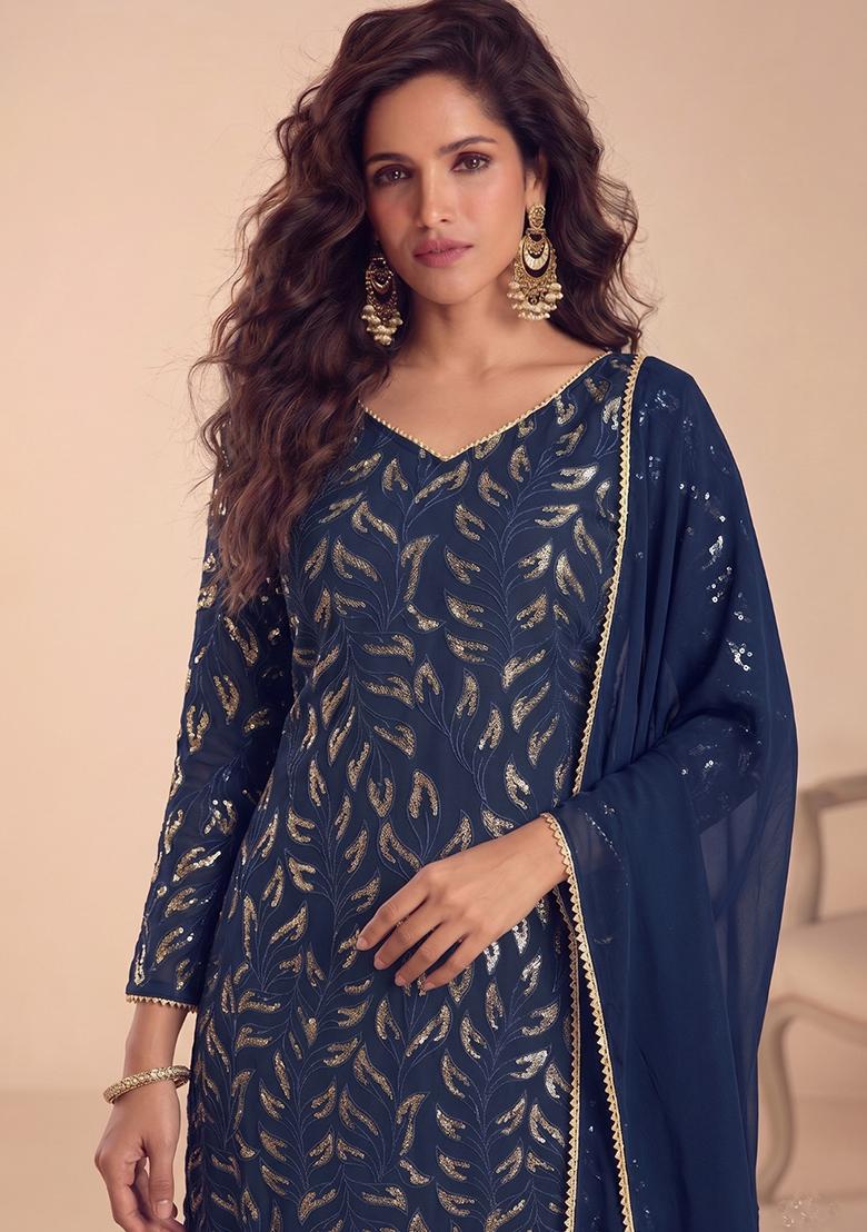 Navy Blue Embroidered Georgette Kurta Set - Indya