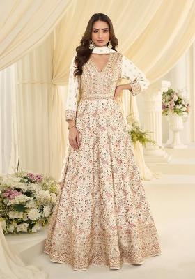 Beige Embroidered Georgette Anarkali With Dupatta