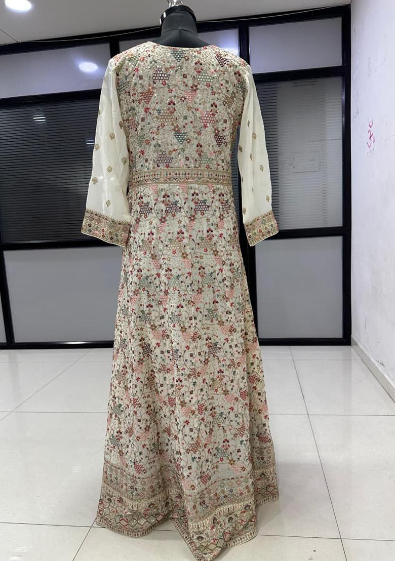 Beige Embroidered Georgette Anarkali With Dupatta - Indya