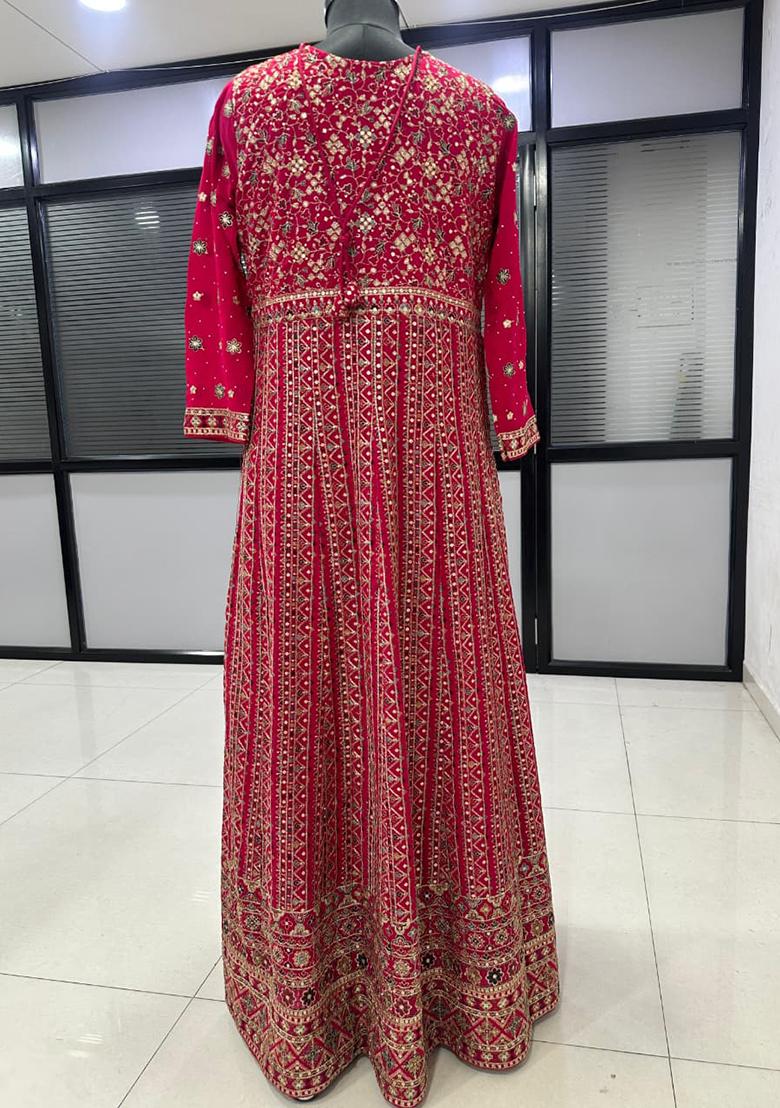 Magenta Embroidered Georgette Anarkali With Dupatta - Indya