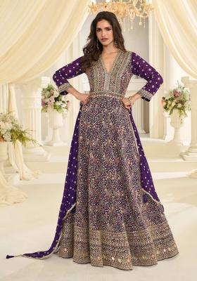 Violet Embroidered Georgette Anarkali With Dupatta