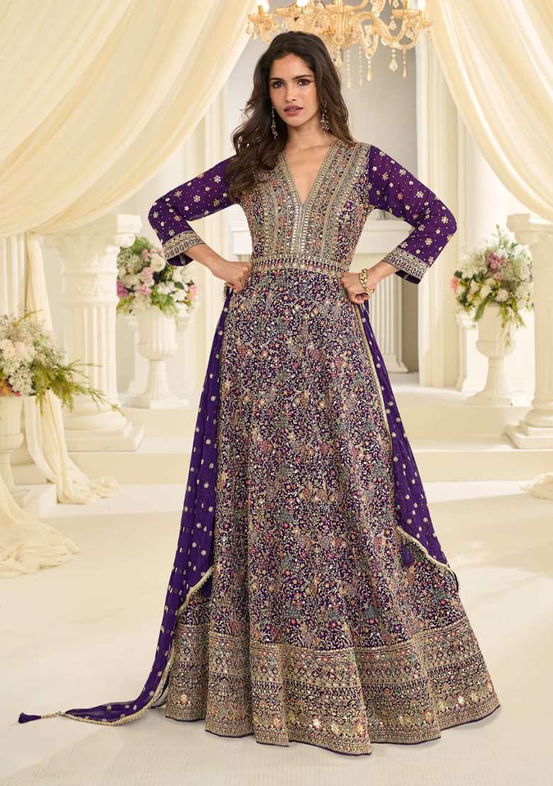Violet Embroidered Georgette Anarkali With Dupatta - Indya
