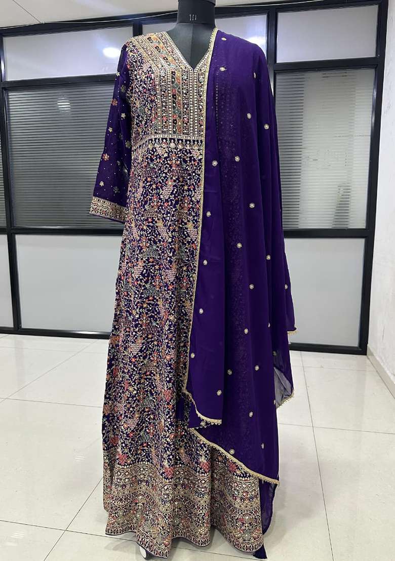 Violet Embroidered Georgette Anarkali With Dupatta - Indya