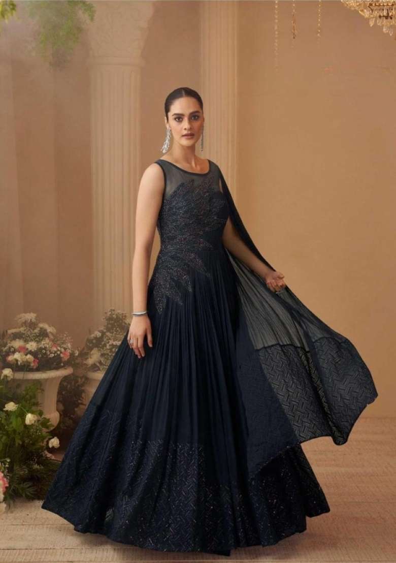 Black Embroidered Silk Blend Anarkali - Indya