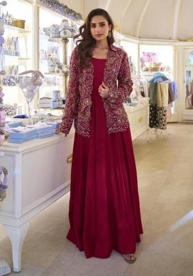 Maroon Embroidered Silk Blend Kurta Set