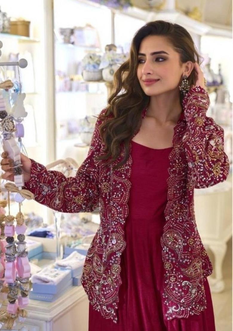 Maroon Embroidered Silk Blend Kurta Set - Indya