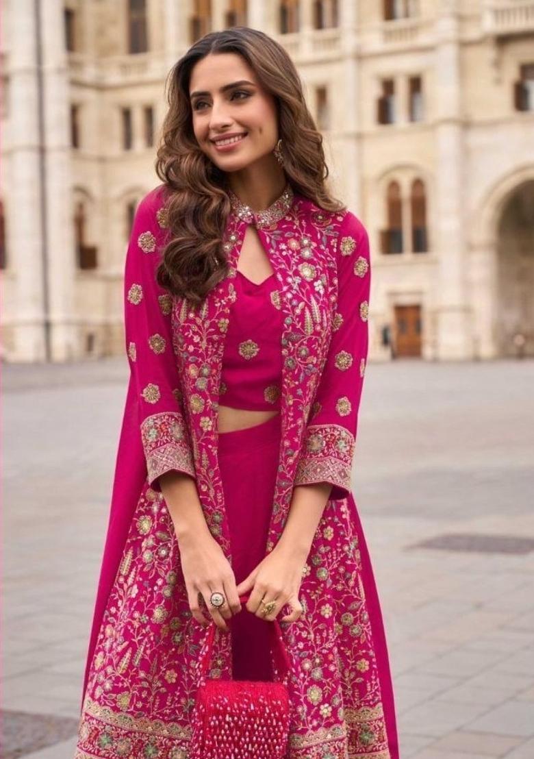 Magenta Embroidered Georgette Kurta Set - Indya