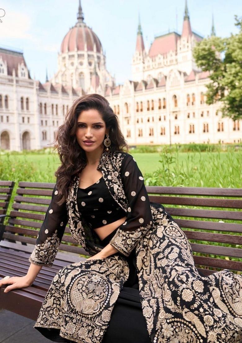 Black Embroidered Georgette Kurta Set - Indya