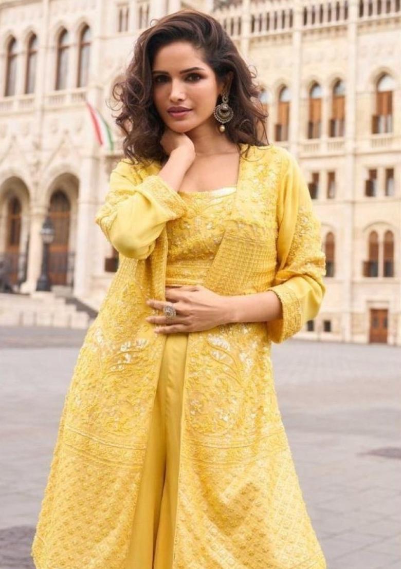 Yellow Embroidered Georgette Kurta Set - Indya