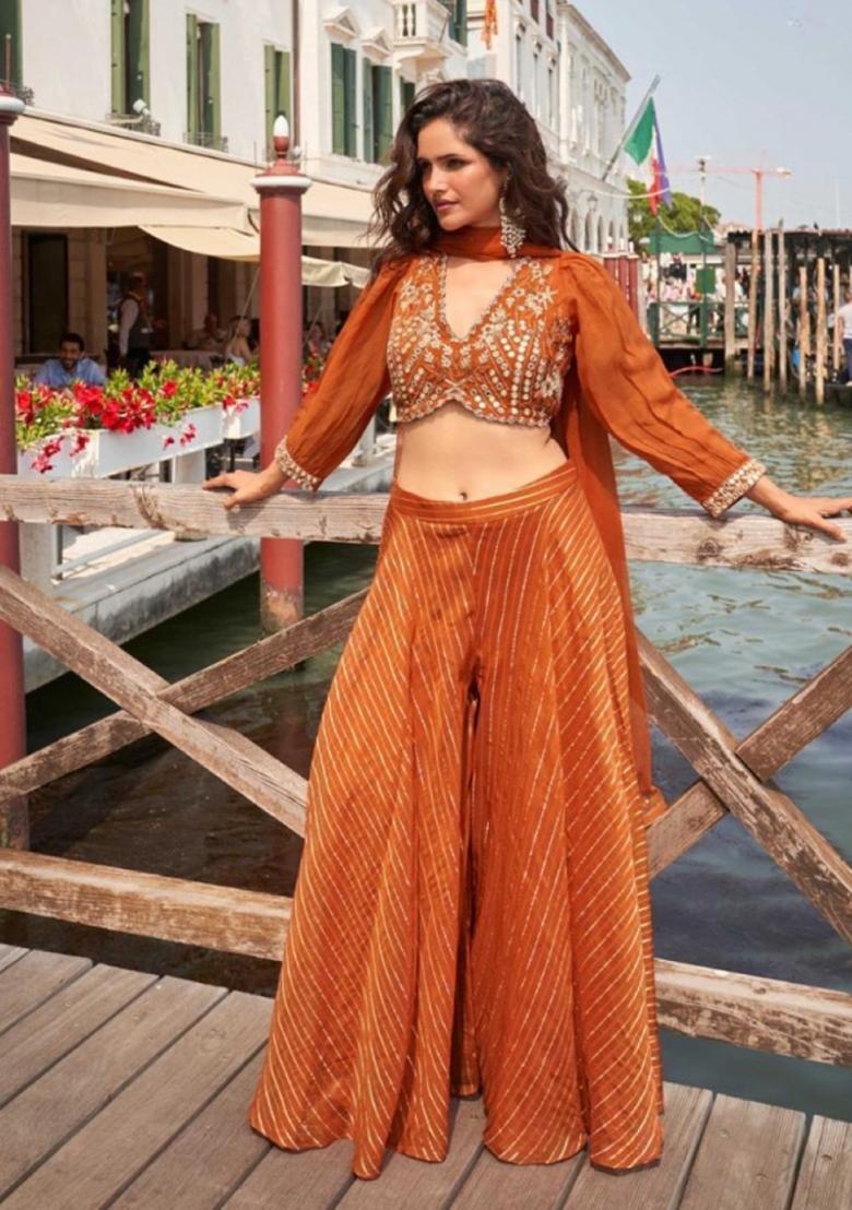 Orange Embroidered Silk Blend Kurta Set - Indya
