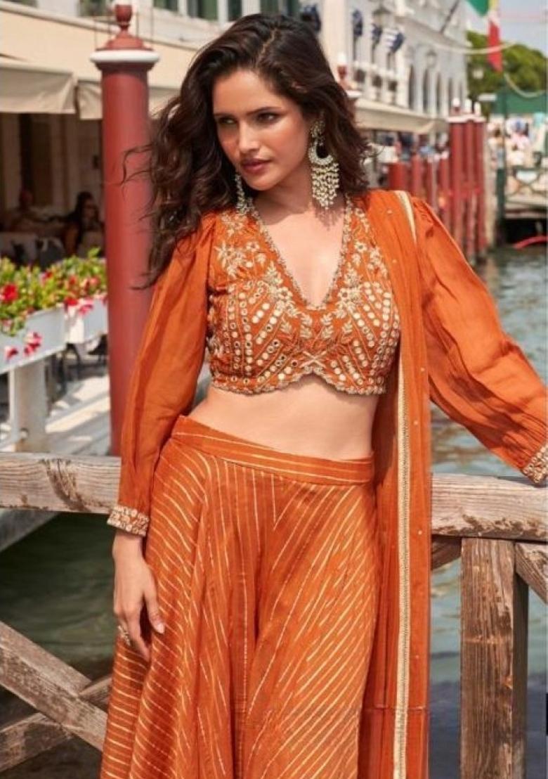 Orange Embroidered Silk Blend Kurta Set - Indya