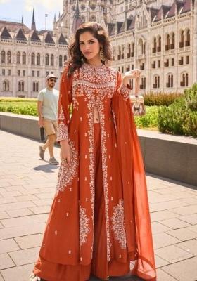 Orange Embroidered Silk Blend Kurta Set