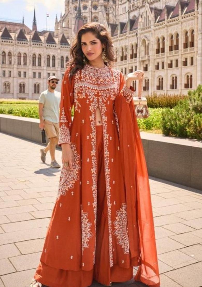 Orange Embroidered Silk Blend Kurta Set - Indya